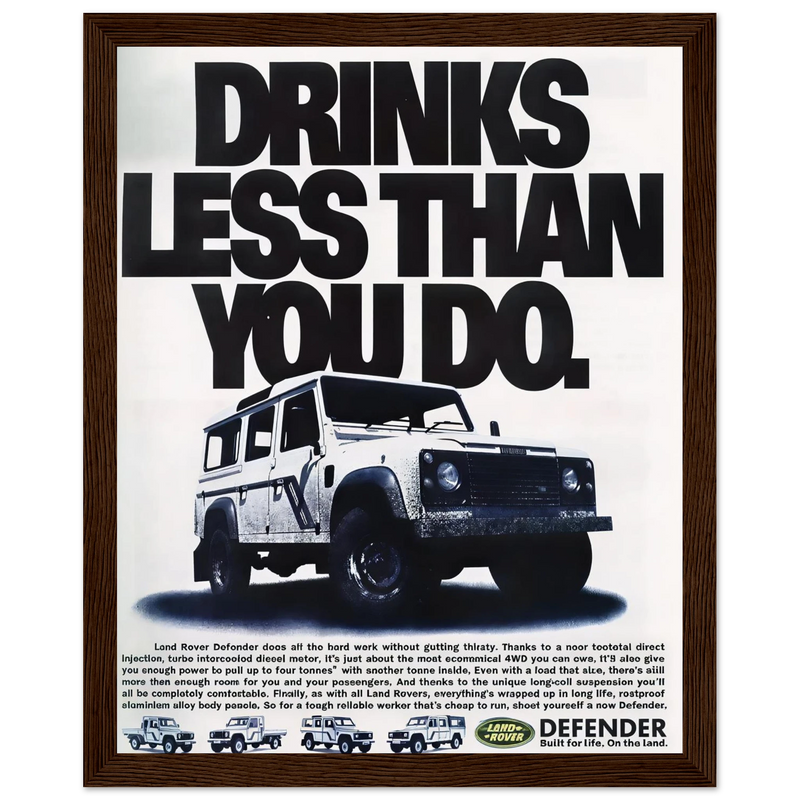 Land Rover Defender Drinks Less Than You Do Vintage Poster Ad