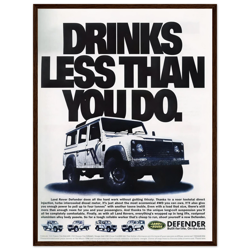 Land Rover Defender Drinks Less Than You Do Vintage Poster Ad