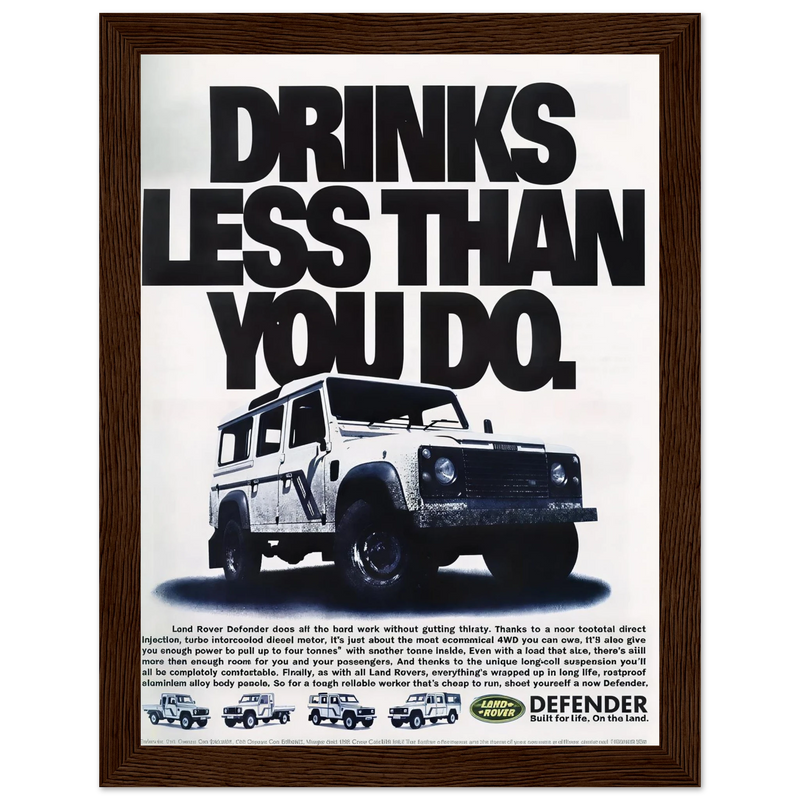 Land Rover Defender Drinks Less Than You Do Vintage Poster Ad