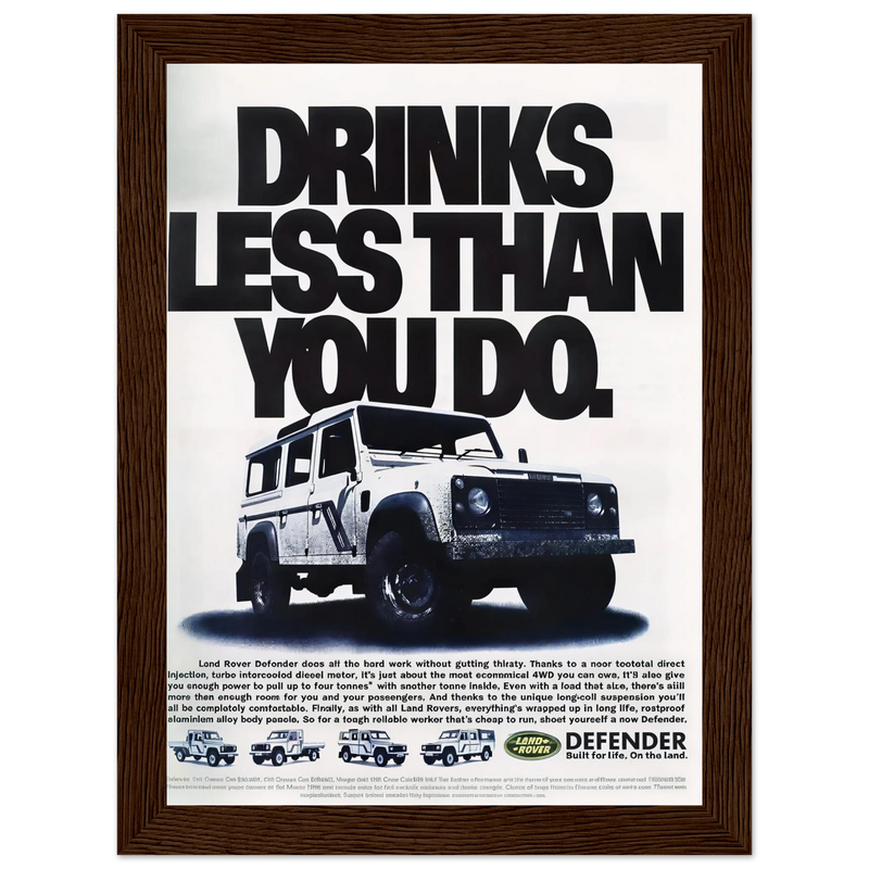 Land Rover Defender Drinks Less Than You Do Vintage Poster Ad
