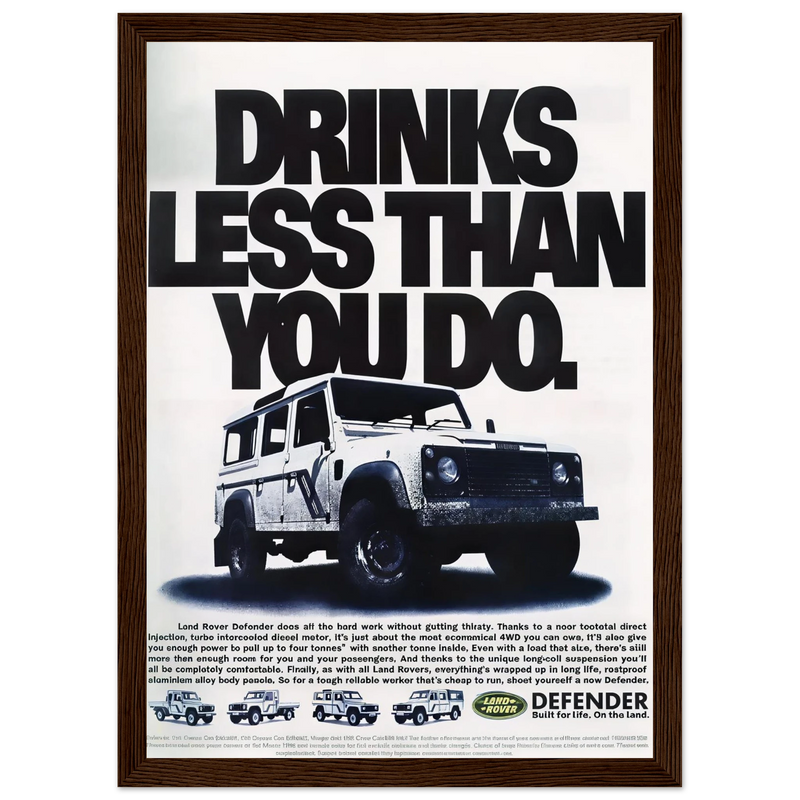 Land Rover Defender Drinks Less Than You Do Vintage Poster Ad