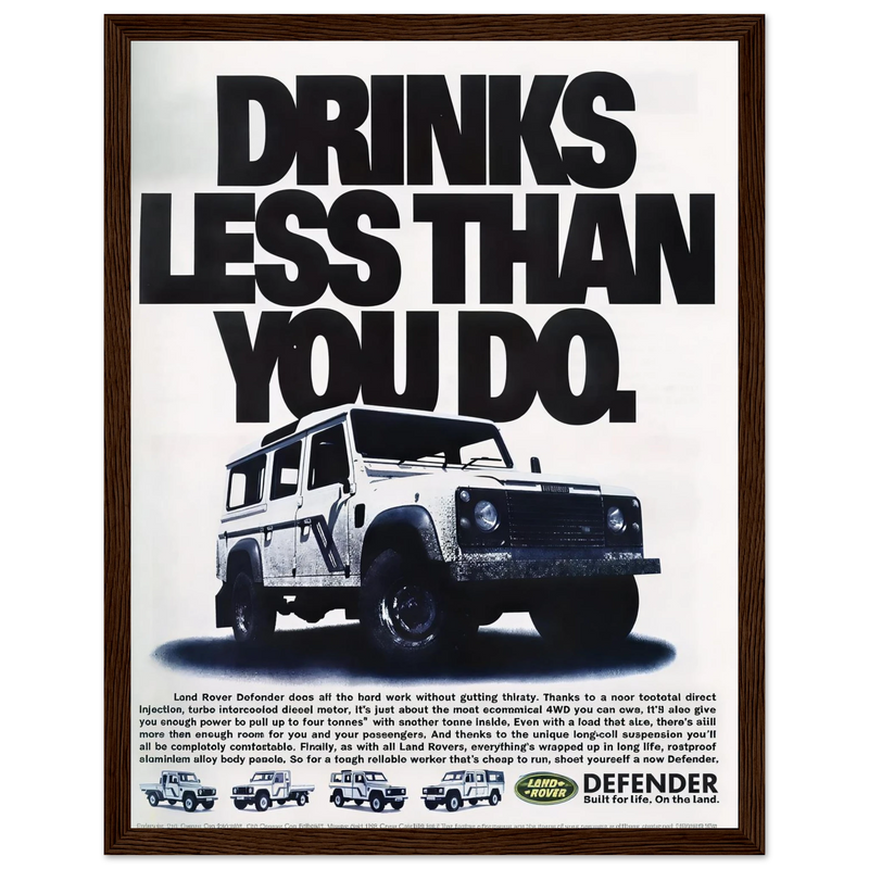 Land Rover Defender Drinks Less Than You Do Vintage Poster Ad